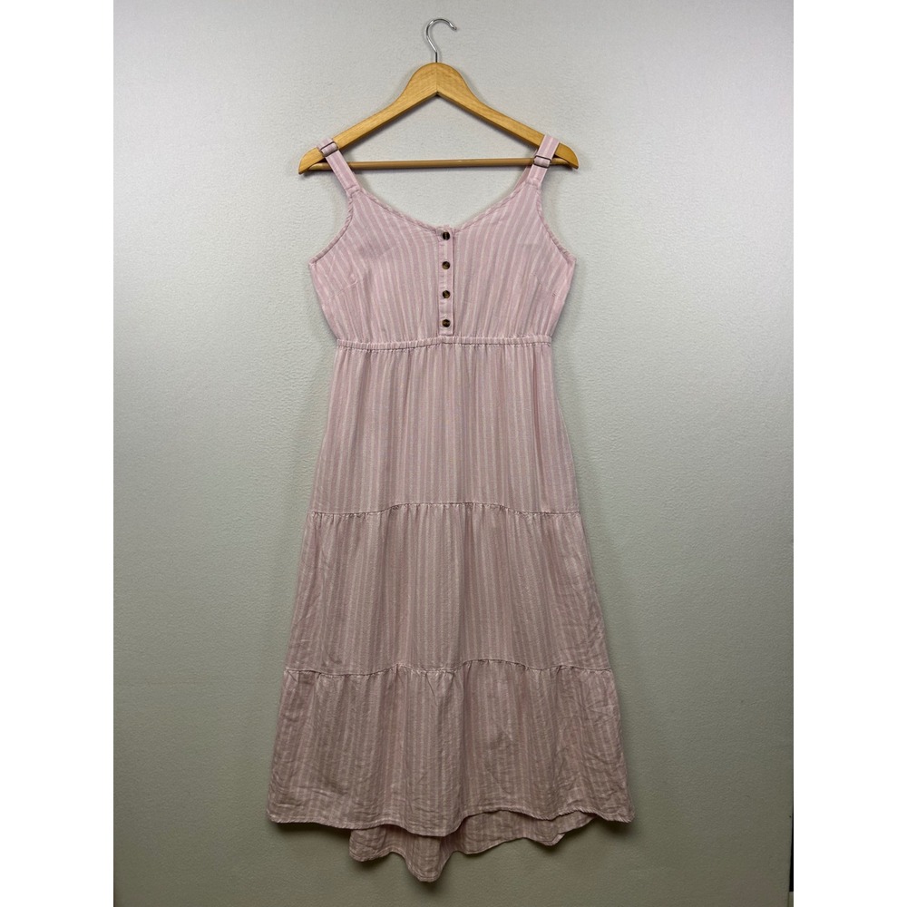 Cottagecore Sonoma Womens Medium Pink Striped Linen Blend Tiered Midi Dress
